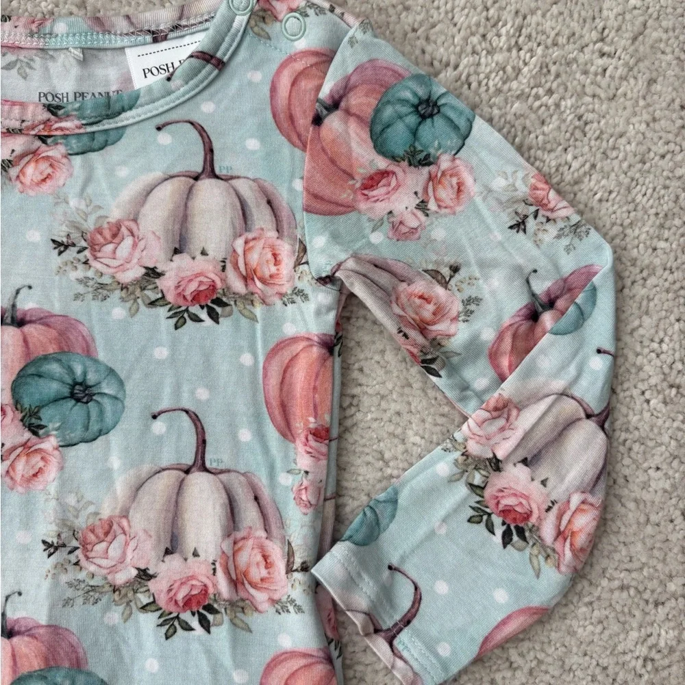 Posh Peanut “Jackie” Pumpkin & Floral Long Sleeve Twirl Bodysuit Dress - Picture 4 of 9